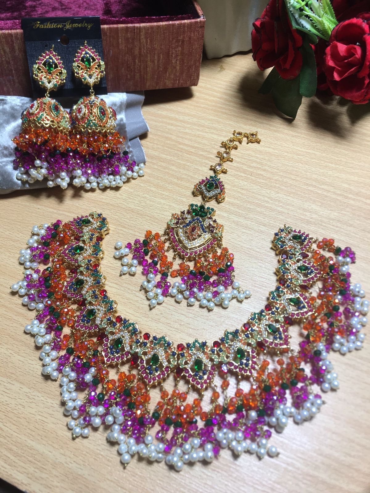 Mehndi bridal set - multi coloured; Necklace, earrings and tikka