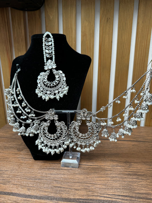 Kundan Polki Bahubali earrings and tikka set - Silver