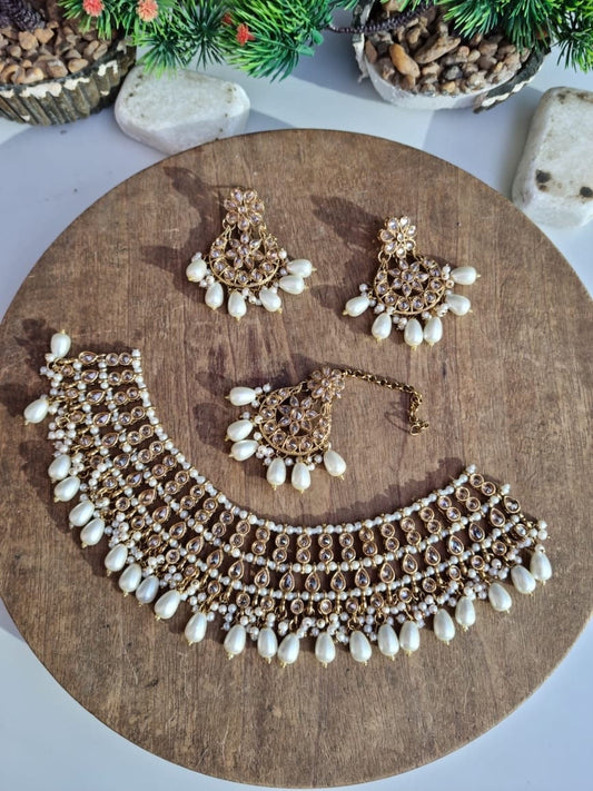 Indian Pakistani gold choker necklace, tikka and earrings set