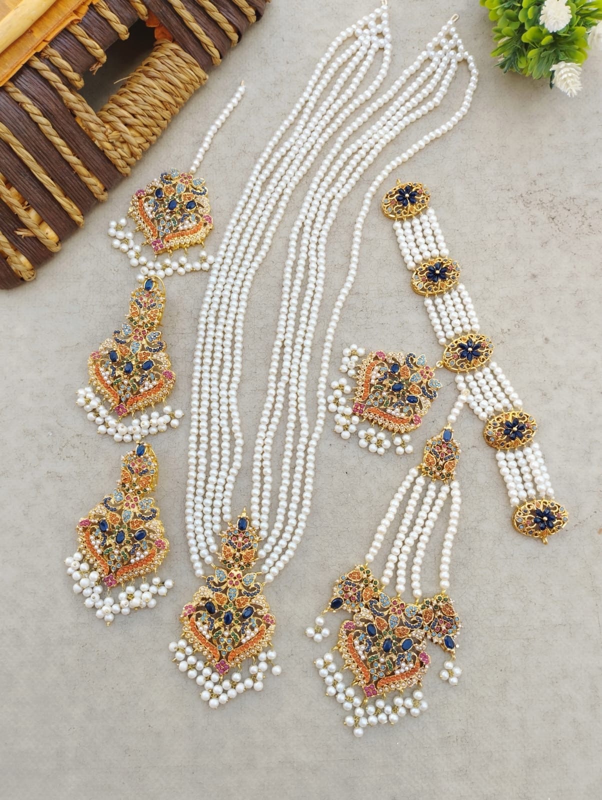 NEW! Nauratan jewellery set -2 x necklace, earrings, tikka, Jhumar