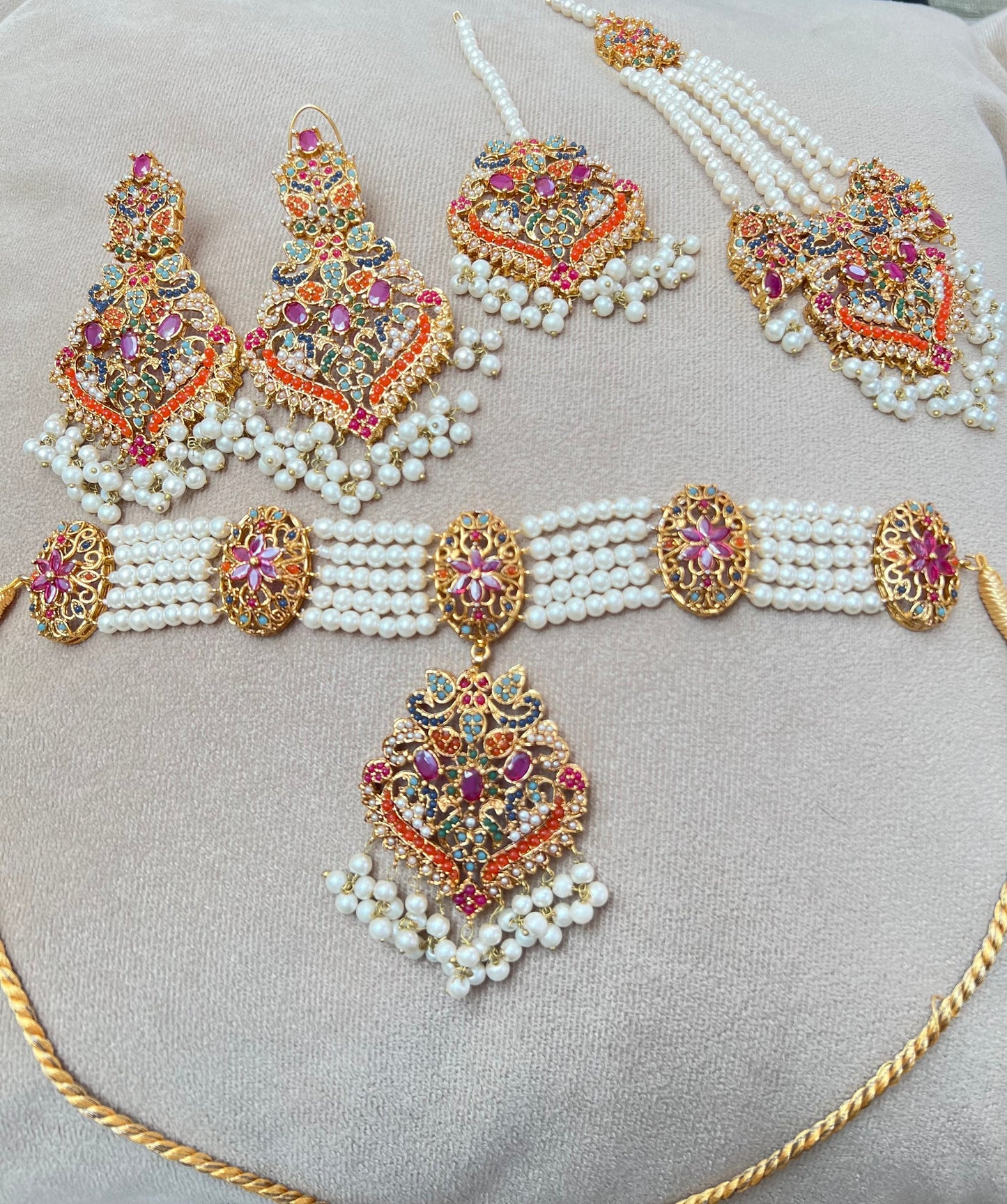 NEW! Nauratan jewellery set -2 x necklace, earrings, tikka, Jhumar