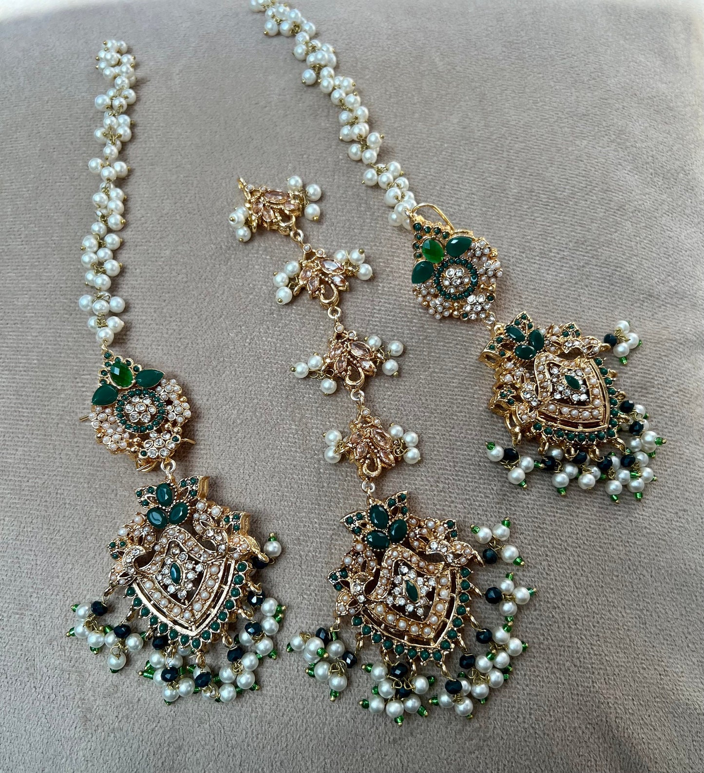 NEW! Full green bridal set - necklace, earrings, tikka and Jhumar