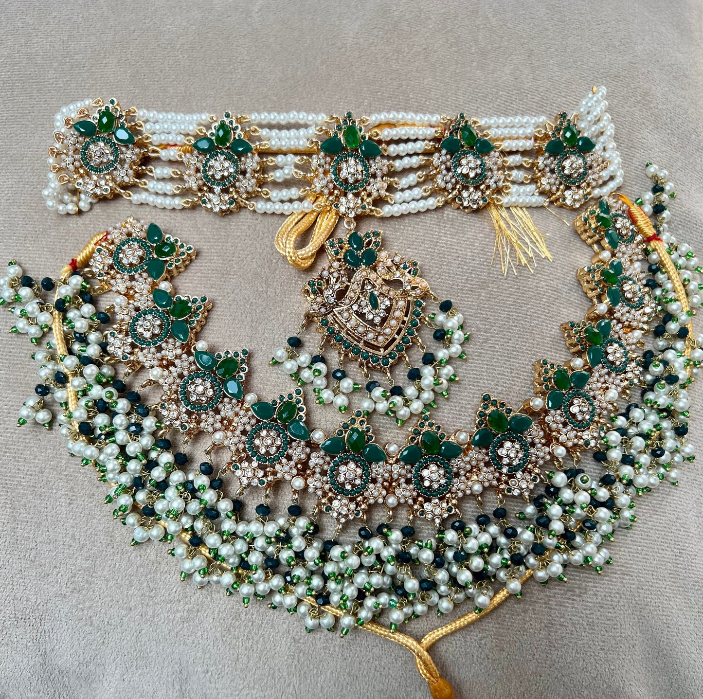 NEW! Full green bridal set - necklace, earrings, tikka and Jhumar