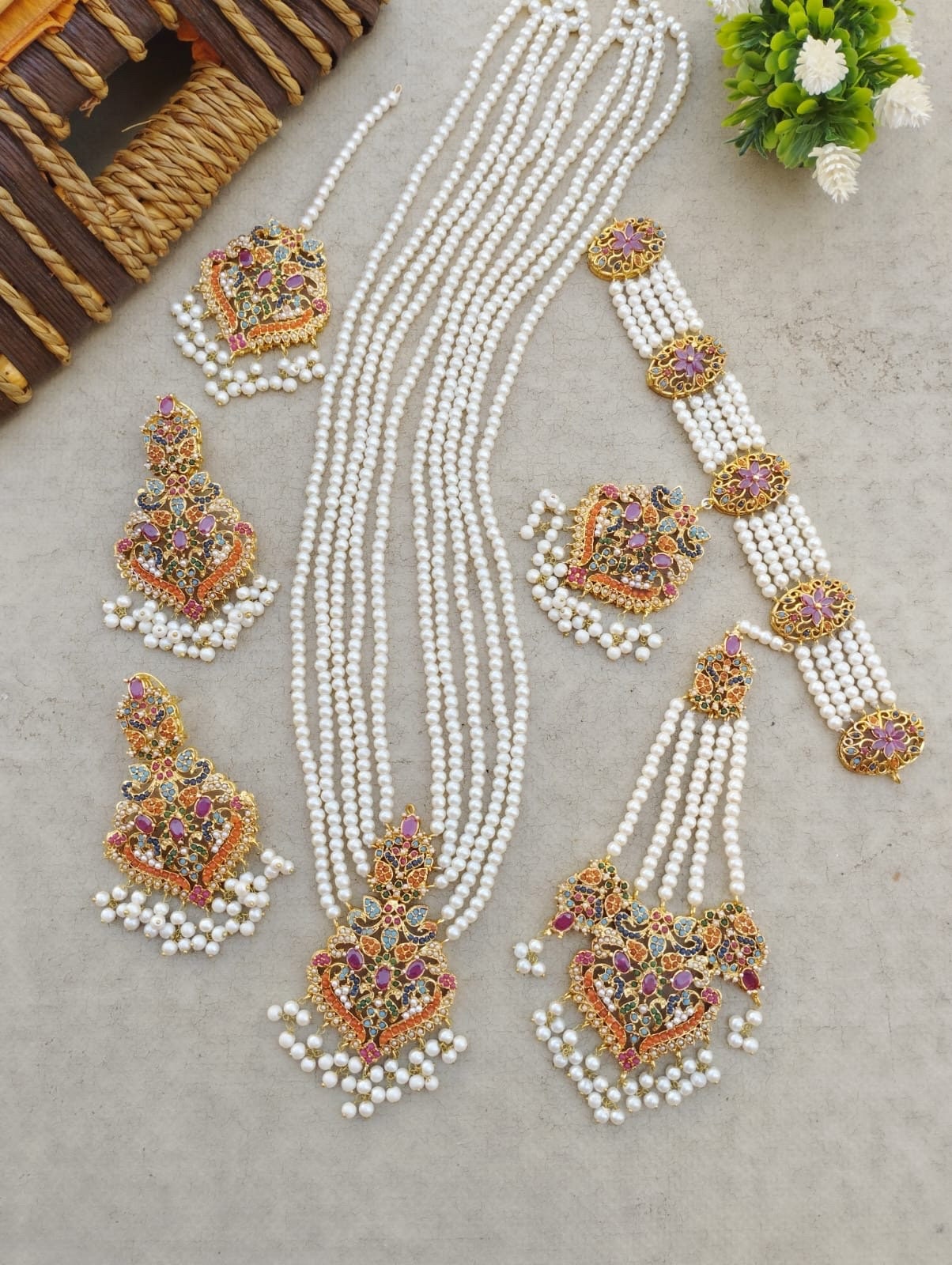 NEW! Nauratan jewellery set -2 x necklace, earrings, tikka, Jhumar