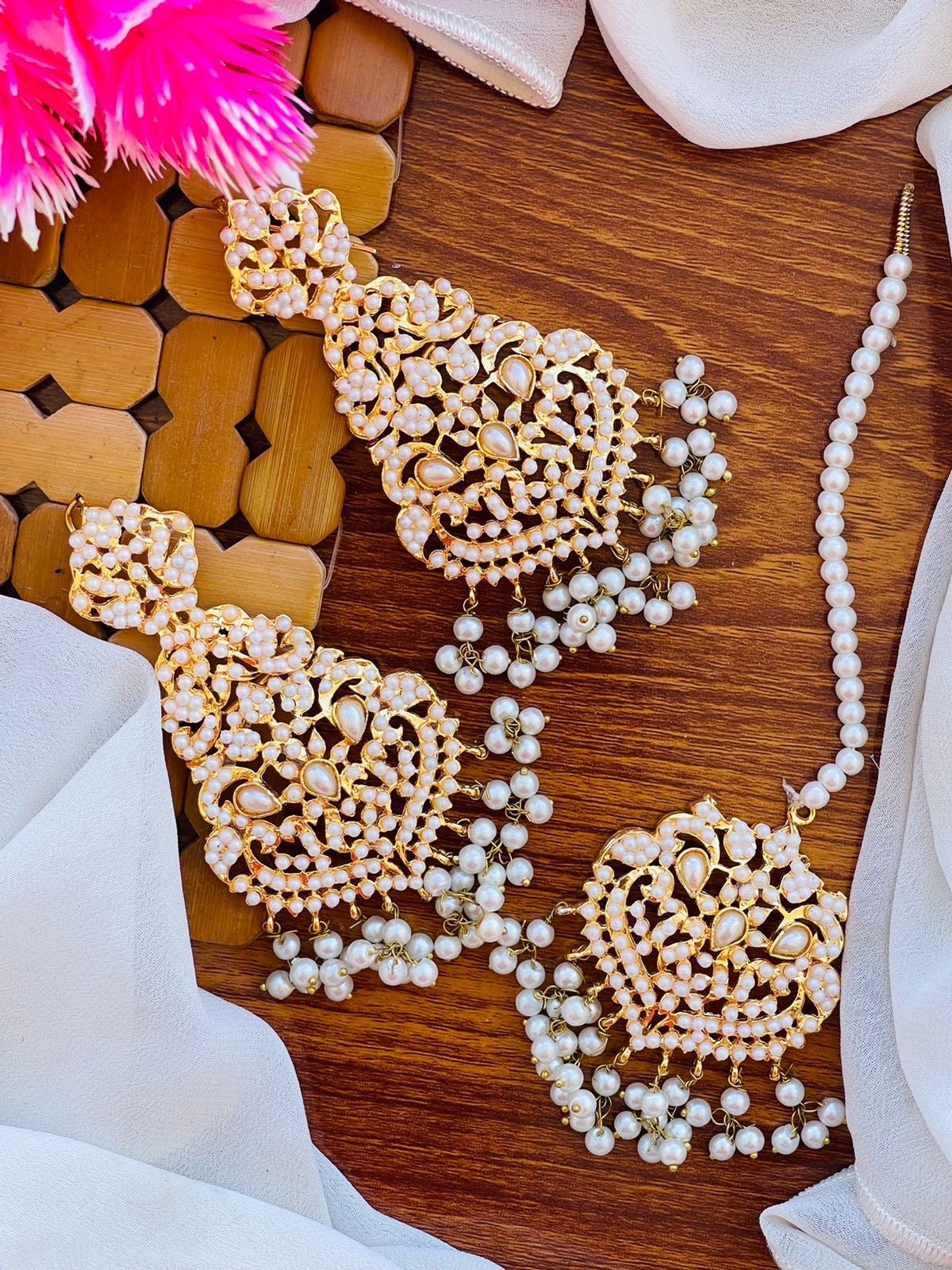 Earrings and tikka set - white and multi