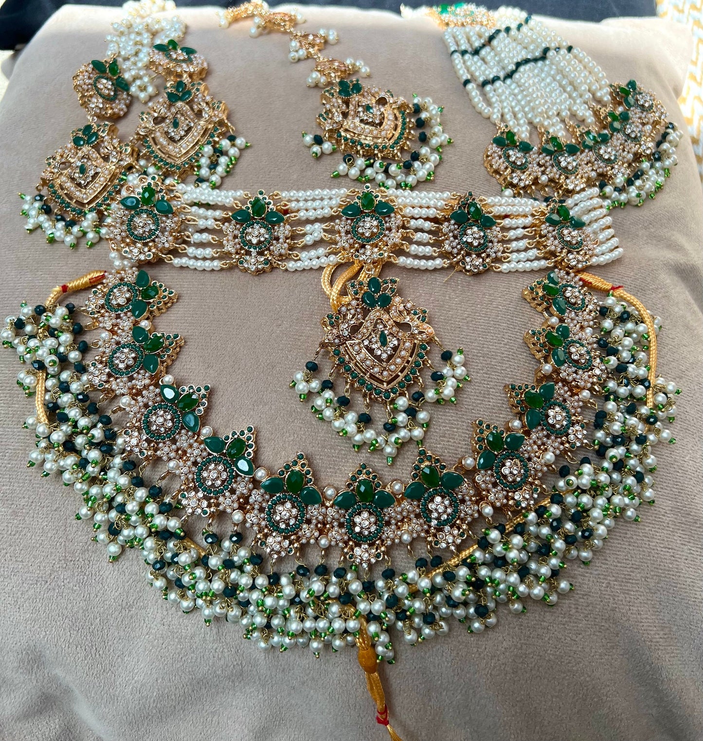 NEW! Full green bridal set - necklace, earrings, tikka and Jhumar