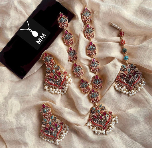 Indian Pakistani mala long necklace ,tikka and earrings full set - pink