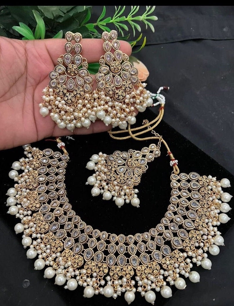 Indian Pakistani Gold and pearl necklace earrings tikka set