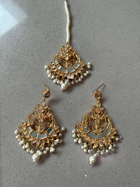 Mirror work Kundan earrings and tikka set - Indian Pakistani