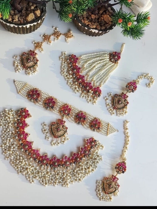 NEW! Full pearl bridal set gold plated - necklace, earrings, tikka and Jhumar