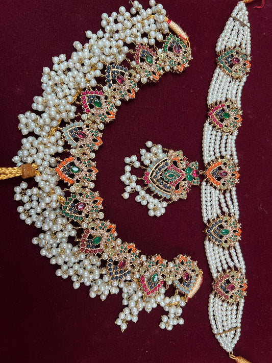 Bridal Heavy Nauratan Gold Plated Complete Set Indian Pakistani Bridal Jewelry