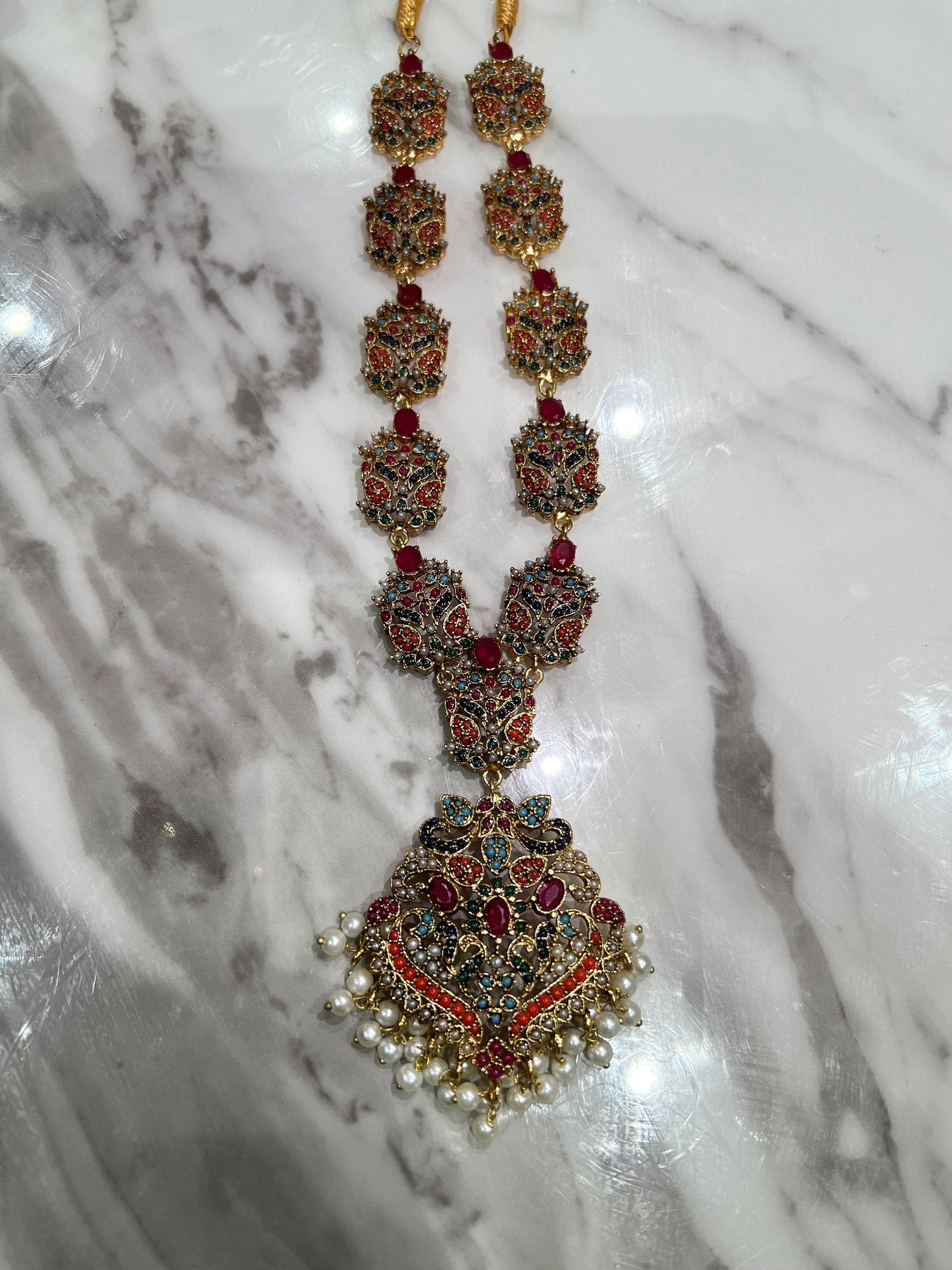 Indian Pakistani mala long necklace ,tikka and earrings full set - pink