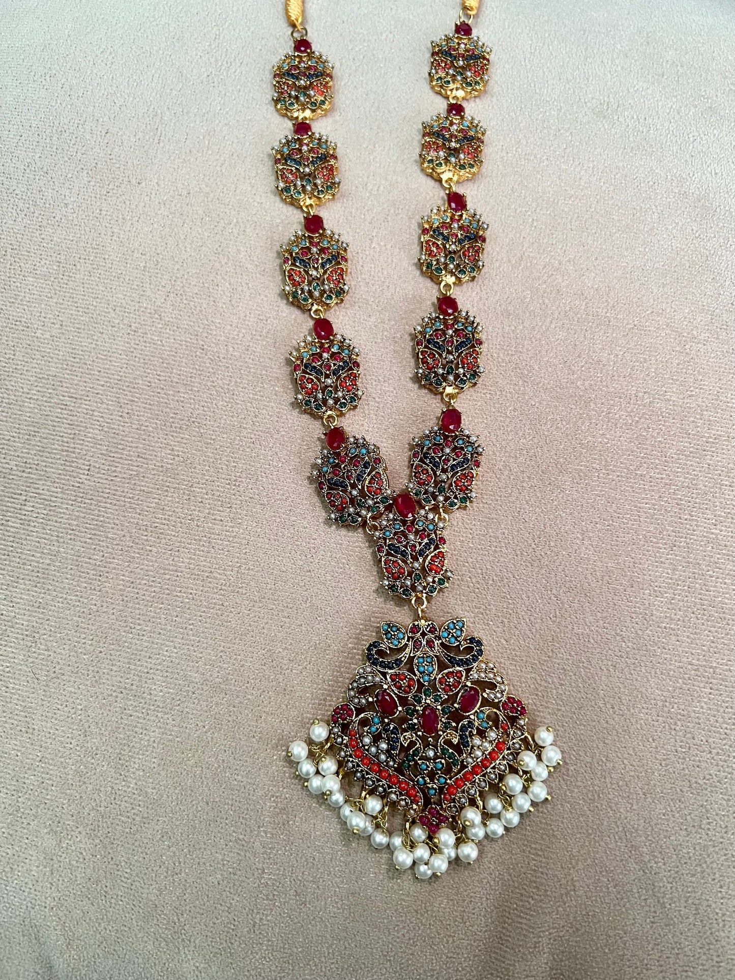 Indian Pakistani mala long necklace ,tikka and earrings full set - pink