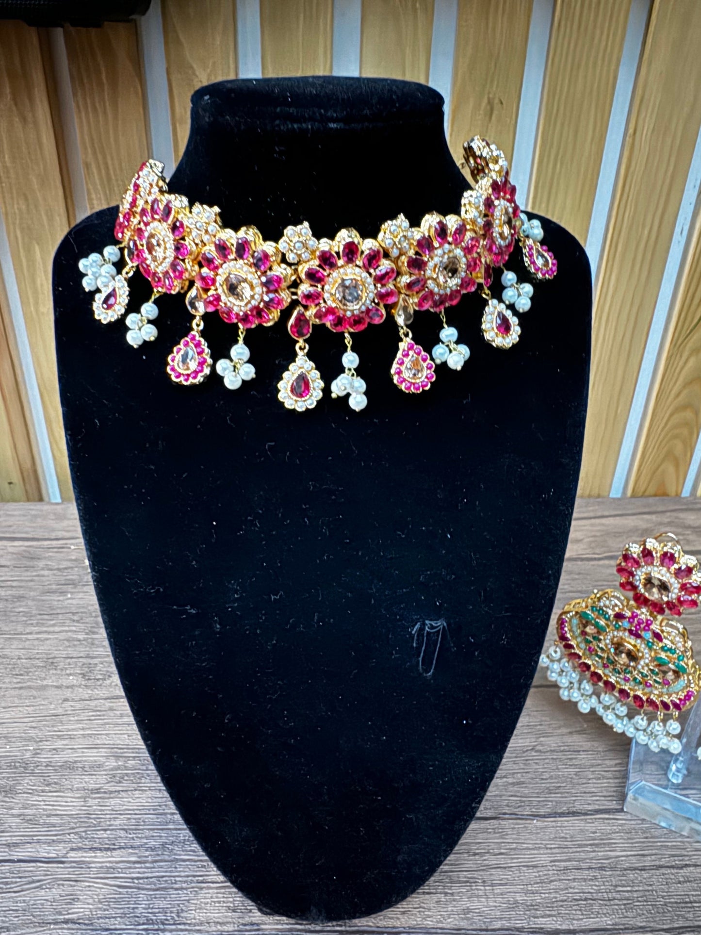 Indian pakistan pink jewellery Choker set - choker necklace, earrings and tikka set