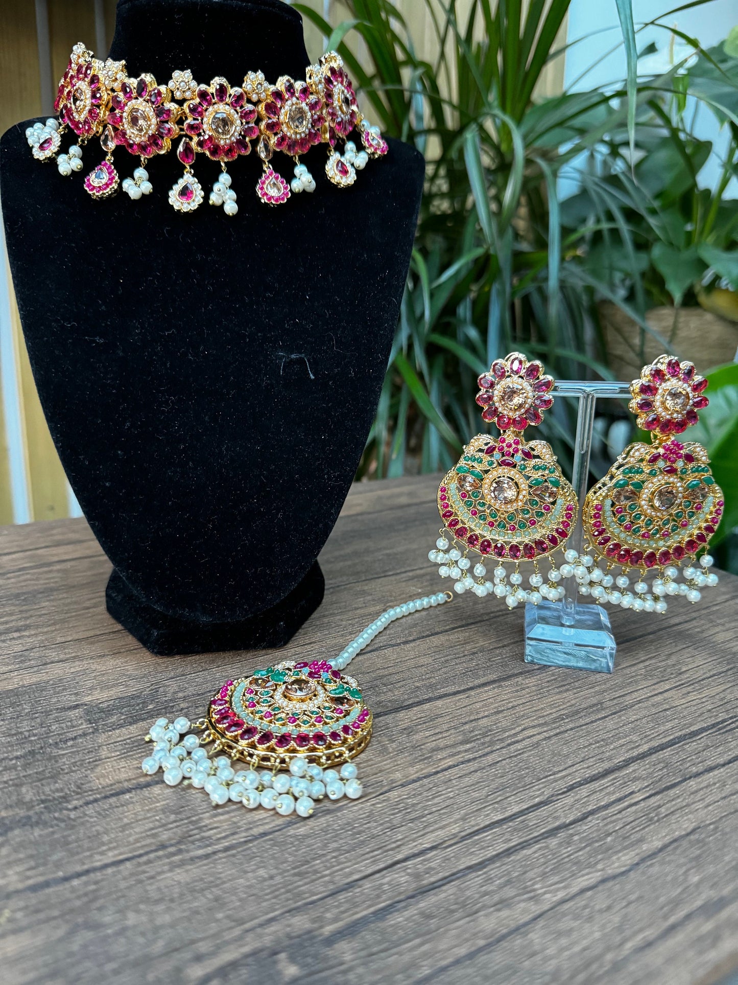 Indian pakistan pink jewellery Choker set - choker necklace, earrings and tikka set