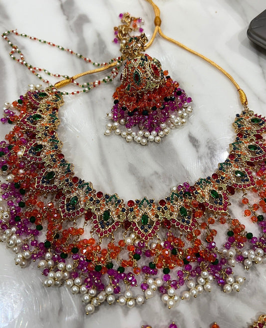 Mehndi bridal set - multi coloured; Necklace, earrings and tikka