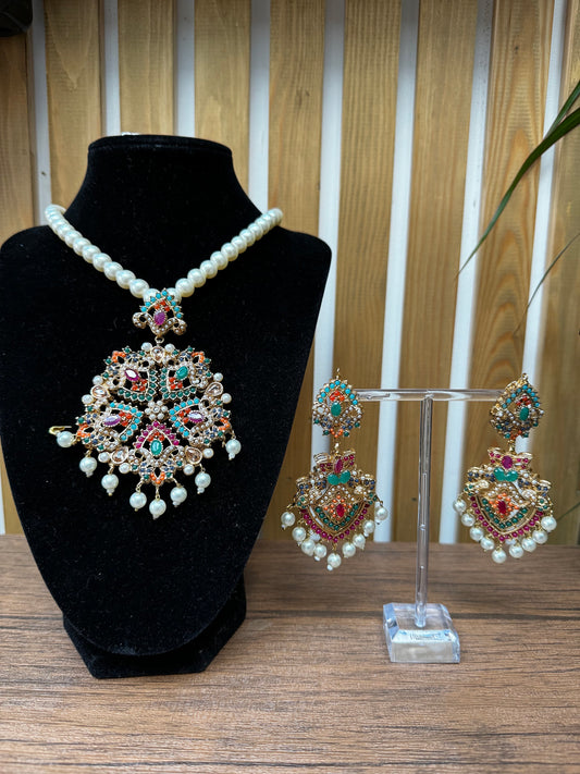 Multi oversized pendant set - necklace and earrings